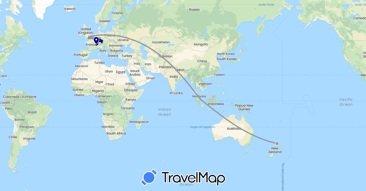 TravelMap itinerary: driving, bus, plane in United Kingdom, New Zealand, Singapore (Asia, Europe, Oceania)