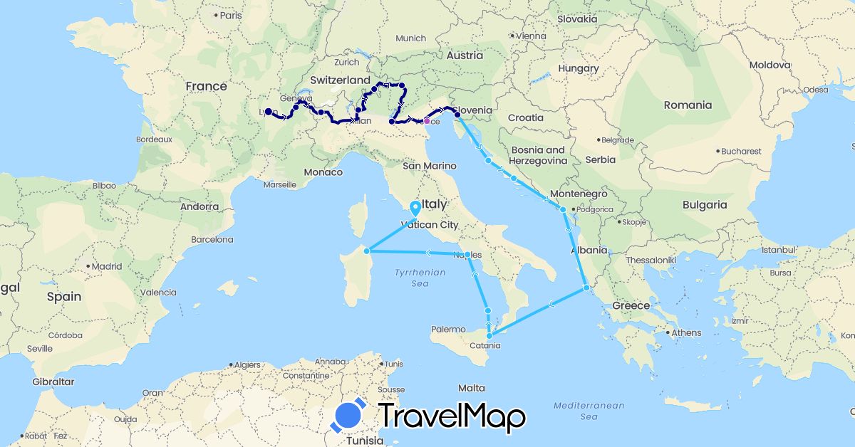 TravelMap itinerary: driving, train, boat in Switzerland, France, Greece, Croatia, Italy, Montenegro (Europe)